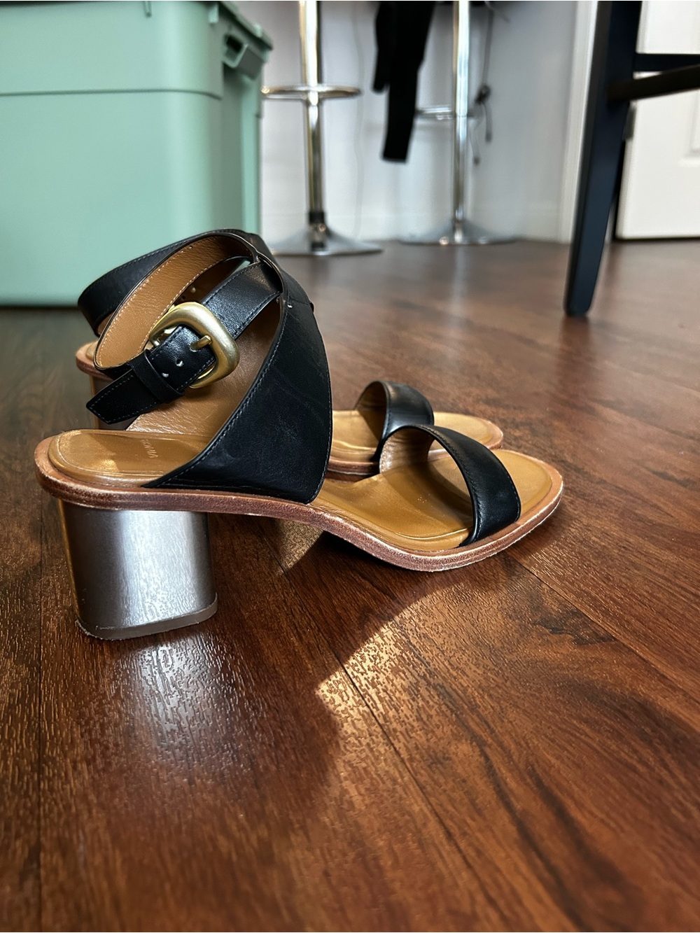 Vince Black Leather Block Heel Sandals with Gold Buckle and Metallic Heel